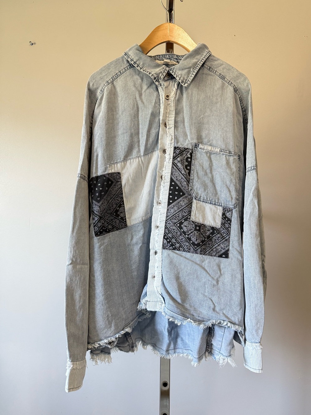 BlueVelvet Oversized Denim Patchwork Shirt Bandana Striped Style #60822JST